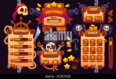 Piraten- und Korsair-Spieloberfläche, gui-Elemente Spielelemente, Einstellungen, Ergebnis, Neustart, Level, und EXIT-Tasten. Goldmünzen, Schädel, Sterne, Holztafeln und Ikonen für mobile Abenteuer-App oder Desktop Stock Vektor