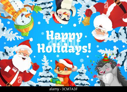 Grußkarte mit Weihnachtszeichen, Happy Xmas Winterferien Vektorrahmen. Niedlicher Weihnachtsmann, Schneemann, Pinguin, Igel und Fuchs runden Rahmen am Weihnachtsbaum und Himmel Hintergrund Stock Vektor