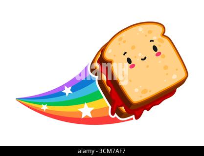 Aufkleber oder Etikett im Vintage Y2K-Stil mit Fast Food-Sandwich-Kawaii-Charakter. Fastfood Mahlzeit Retro groovy Vektor-Etikett, Imbiss-Tag zum Mitnehmen. Sandwich mit Marmelade lustige Persönlichkeit, die auf einem Y2K-Aufkleber mit Regenbogen fliegt Stock Vektor
