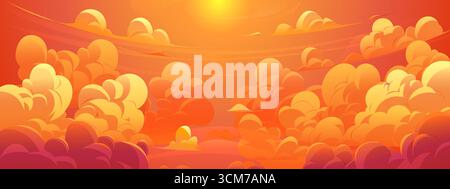 Cartoon Abenduntergang Anime Manga Himmel Wolken mit untergehender Sonne. Vektor-Hintergrund des dramatischen abendlichen bewölkten Himmels mit orangen Wolken und gelbem Sonnenlicht. Anime Sommer Sonnenuntergang Natur Landschaft Hintergrund Stock Vektor