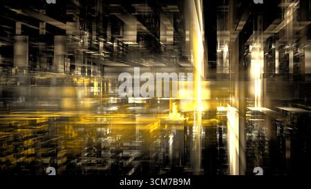 Die dynamische Darstellung abstrakter digitaler Kunst zeigt geometrische Formen in Gold- und Schwarztönen und schafft eine fesselnde, futuristische Atmosphäre Stockfoto