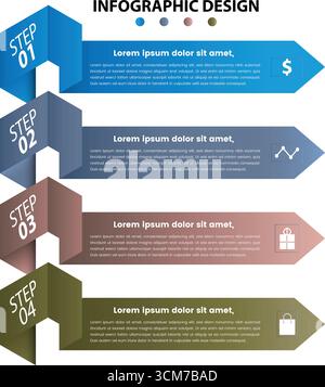 Vierstufiges Infografik-Design mit Pfeilen und Symbolen Stock Vektor