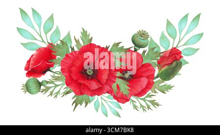 Horizontale Zusammensetzung der Mohnblume mit Schote und türkisfarbenem Zweig. Botanische Aquarellillustration. Handgezeichnete Einzelarbeit. Symbolismus Stockfoto