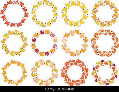 Sammlung von runden Herbstrahmen aus bunten Blättern. Set von runden Kränzen der Herbstsaison. Kuschelige, atmosphärische, saisonale Blattfelgen, Vorlage Stock Vektor