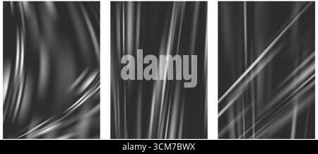 Kunststofffolie, durchsichtige Folie. Transparentes Vinylgehäuse mit Falten auf schwarzem Hintergrund. Abdeckung mit Folienüberzug. Vektor-pvc-Verzugsmaterial Stock Vektor