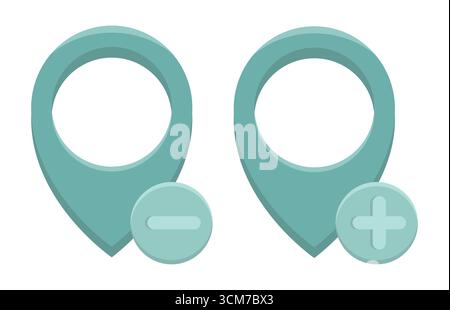 PIN-Gruppe zuordnen. Positionsmarkierungssymbole. Navigationszeiger Vektor. Minus-Emblem hinzufügen. EPS 10. Stock Vektor