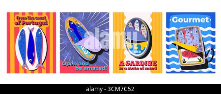 Set aus farbenfrohen Retro-Postern mit Sardinendosen. Vektor-Cartoon-Illustration von Vintage Food Banner mit Dosenfisch und Anzeigen Text, köstliche Marinesnack mit Olivenöl oder Tomaten, Gourmet Lebensmittel Stock Vektor