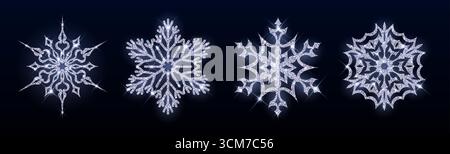 Glitzernde silberne Schneeflocken auf schwarzem Hintergrund. Vektor realistische Illustration von Luxus-Schneestern, die mit Kristallen, Eisdekoration für Weihnachtsgrußkarte oder Weihnachtsgeschenk schimmern Stock Vektor