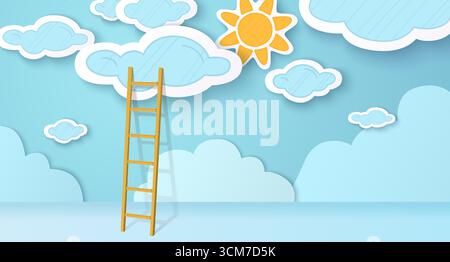Wolken und Sonne in blauem Himmel mit Leiter. Vektor-Karikaturillustration von Holztreppen und sonniger Wolkenlandschaft, Konzept des Erreichens von Geschäftserfolg, Karrieremöglichkeit, Entschlossenheit, Ziel zu erreichen Stock Vektor