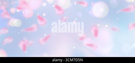 Verschwommene Blütenblätter fliegen auf weichem Hintergrund. Vektor realistische Illustration von rosa Kirschblüten Blätter und Funkeln auf blau, Frühling Feiertagskarte Hintergrund, abstraktes Blumenposter, Bannerdesign Stock Vektor