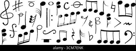 Notenzeichen mit Buntstift in Pastellfarben oder Kreide kritzelnd handgezeichnete Symbolformen. Stock Vektor