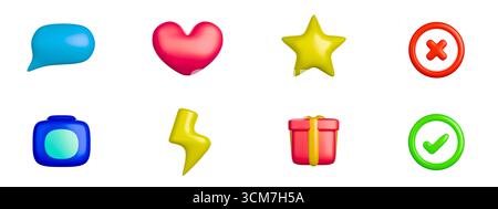 Bunte Symbole mit rotem Herz, grünem Häkchen, blauer Chat-Blase, gelbem Stern Stockfoto