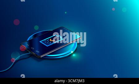 Schwarzes Smartphone auf drahtlosem Ladegerät auf blauem Hintergrund. Symbol Akku- und Ladefortschrittsanzeige auf dem Bildschirm des Smartphones. Isometrischer Vektor Stock Vektor