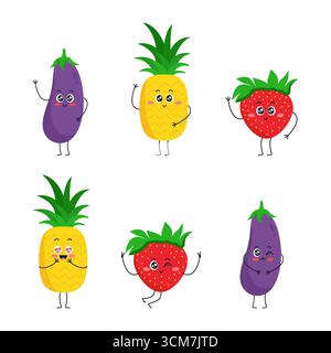Süßes Obst- und Gemüsefiguren. Emoji-Set mit Auberginen-, Ananas- und Erdbeermaskottchen. Vektorabbildung Stock Vektor
