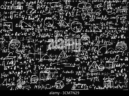 Handgeschriebene wissenschaftliche Formeln und Gleichungen auf dunklem Hintergrund, perfekt für Bildung, Forschung und intellektuelle Projekte. Stockfoto