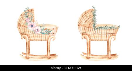 Wasserfarben Babywiege für ein Mädchen und einen Jungen aus Rattan mit Blumengirlanden, Anemone und Eukalyptus im Vintage-Stil isoliert auf einem weiß Stockfoto