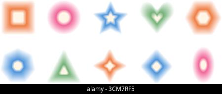 Set für geometrische Formen für Weichzeichnen des Übergangs. Farbenfrohe, verschmierte y2k-Elemente mit Farbverlauf. Trendige, verschwommene Symbole aus Dreieck, Rechteck und Kreis. Vektorglättung Stock Vektor