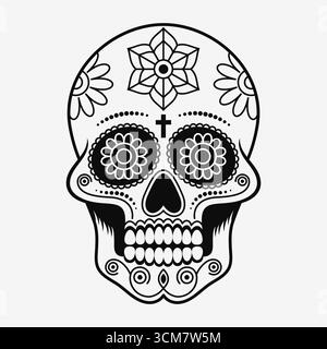 Detaillierte Vektor-Illustration eines traditionellen mexikanischen Zuckerschädels in Schwarz und weiß Stock Vektor