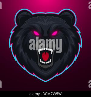 Maskottchen-Logo im modernen eSports-Stil mit scharfen Zähnen, brüllendem Mund und leuchtenden Augen in Neon Stock Vektor