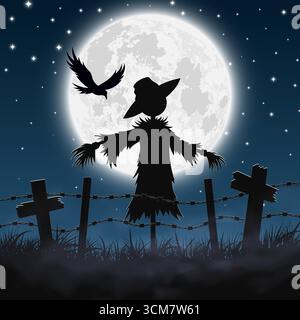 Eine Vektor-Illustration einer gruseligen Vogelscheuchen-Silhouette mit einer fliegenden Krähe vor einem großen Vollmond und Sternenhimmel Stock Vektor