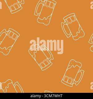 Nahtloses Biermuster. Toasten voller Bierbecher mit Schaum. Hand gezeichnet braune Linie Grafik Vektor-Illustration im Doodle-Stil isoliert auf Hintergrund Stock Vektor