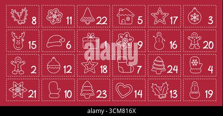 Bunter kindlicher Adventskalender 24 verschiedene Motive Vektor-Illustration Stock Vektor