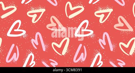 Nahtloses Herzmuster in einem rauen handgezeichneten Stil auf rotem Hintergrund Stock Vektor