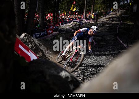 Victor Koretzky aus Frankreich tritt bei der UCI MTB Elite Men Cross Country, XCO, Mountain Bike World Championship in Crans-Montana, Schweiz, Septem an Stockfoto