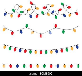 Große Weihnachtsgirlanden. Mehrfarbige Lichter isoliert. Garland aus Glühbirnen. Flaches Design. Weißer Hintergrund. Vektor. Stock Vektor