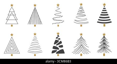 Set mit weihnachtsbaumlinie. Abstrakter linearer weihnachtsbaum. Handgezeichnete weihnachtsbäume kritzeln. Minimalistisches und elegantes weihnachtsschmuck. Vektor i Stock Vektor
