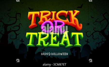 Glückliche Halloween Vektor-Illustration mit fliegenden Fledermäusen, Spinne und 3D Orange Green Trick oder Treat Typografie Schriftzug auf dunklem Friedhof Hintergrund Stock Vektor