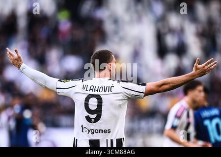 Juventus’ Dusan Vlahovic Enttäuschung während des Spiels der Serie A zwischen Juventus FC und FC Internazionale im Allianz Stadium am 13. September 2025 in Stockfoto