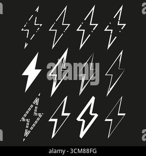 Kritzeln Sie Blitze. Zeichnung im Skizzenstil. Handgezeichnetes Donner-Symbol. Vektor-elektrische Illustration. EPS 10. Stock Vektor