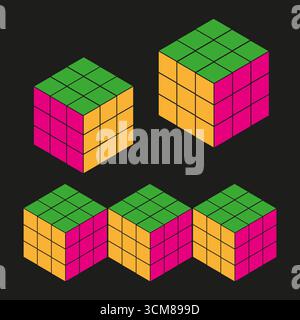 Rubik-Würfel-Puzzles. Farbenfrohe geometrische Form. Dreidimensionaler Block. Vektor-Intelligenz-Spiel. EPS 10. Stock Vektor