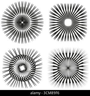 Abstrakte Radialexplosion. Geometrische Vektorformen. Schwarzweiße Abbildung. Dynamisches Burst-Symbol. EPS 10. Stock Vektor
