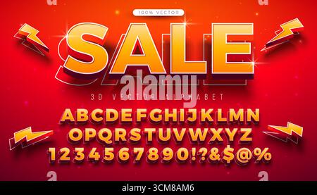 Vektor 3D Alphabet Schriftart Set mit Verkauf Typografie Schriftzug und Schatten auf rotem Hintergrund. Moderne Schriftdesign-Kollektion mit ABC, Nummer und Stock Vektor