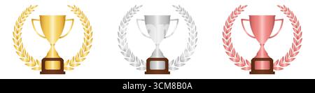 Set aus goldenen, silbernen und bronzenen Trophäen. Award oder Champion Cup auf weißem Hintergrund. Vektor-Illustration für Champion und Sieger. Stock Vektor