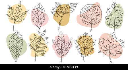 Set aus zehn minimalistischen Strichgrafiken mit verschiedenen Herbstblättern mit sanften gelben, rosa und grünen Hintergrundformen. Perfekt für die Saison Stock Vektor
