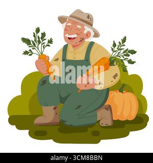 Fröhlicher, älterer Bauer mit Hut und Overall, der große reife OrangenKarotten hält. Perfekte isolierte flache Vektor-Illustration eines glücklichen alten Mannes mit seiner Stock Vektor