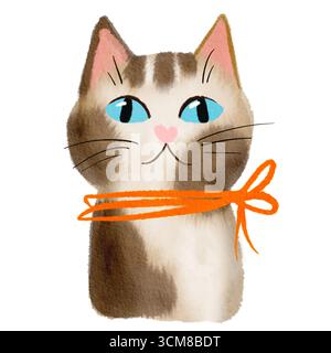Niedliche Katze mit orangefarbenem Band am Hals, handgezeichnet im Aquarellstil Stockfoto