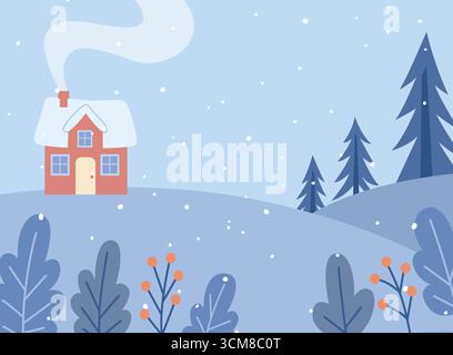 Winter Schneehaus Landschaft mit Bäumen und fallendem Schnee Illustration Stock Vektor