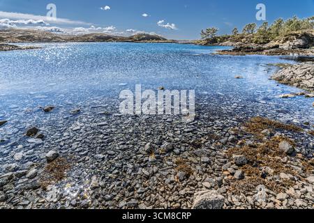 Wunderschöne Küstenlandschaft mit klarem blauem Wasser, einer felsigen Küste und weit entfernten Bäumen. Helles Sonnenlicht verbessert die ruhige Landschaft und macht sie so zu einem unvergesslichen Erlebnis Stockfoto