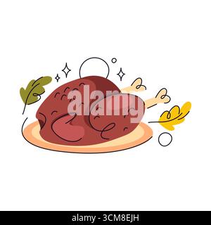 Gebackener truthahn zum Thanksgiving. Vektor Herbstschale mit Blättern. Kulinarisches Angebot für Herbstferien oder festliche Veranstaltungen, Familientreffen. Saisonales Geflügelfutter für Festmahlzeiten. Röstmenü, Rezeptelement. Küchenmahlzeit. Stock Vektor
