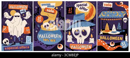 Set von Halloween Sale Banner oder Vektor Herbst Urlaub Flyer. Rabattgutschein oder Aktionsflyer, Broschüre für Shop-Events oder Werbung im Geschäft. Sonderangebot-Etikett für die Oktoberfeier. Einkaufen Stock Vektor