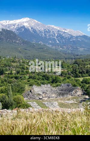Ruinen der antiken Stadt Tlos in Seydikemer Mugla, Türkei, Historische lykische Zivilisation, Felsgräber, antikes Theater und Berglandschaft Stockfoto