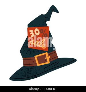 Vektor Halloween Verkauf Schild mit Zauberer oder Hexenhut. Preisnachlass für saisonalen Markt. Zeichentricksymbol für Sonderangebot, Verkaufsförderung, Supermarktwerbung. Einzelhandel im Herbst. Einkaufen Stock Vektor