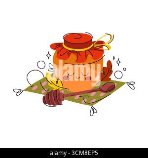 Honigglas mit lächelndem Gesicht. Vektor-natürliches Dessert und süße Zeichentrickfigur. Isolierter gesunder, organischer, natürlicher Treatment-Inhaltsstoff. Herbstbienenemoji. Kulinarischer Behälter des Bienenparks. Honigbienenfutter. Stock Vektor