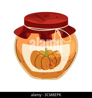 Vektorsymbol der Kürbismarmelade im Glasgefäß. Symbol für hausgemachte saisonale oder herbstliche Speisen. Gemüsedessert zum Thanksgiving. Kulinarisches und Kochrezept. Produktbehälter für die natürliche Ernährung. Stock Vektor