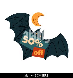 Fledermaus-on-Halloween-Verkaufsanhänger. Vektor-Label für Herbstaktion oder saisonales Sonderangebot mit Preissenkung. Aufkleber oder Symbol für Marketing und Werbung. Herbstrabatt. Einkaufen und Laden, Einkaufszentrum und Marktangebot. Stock Vektor