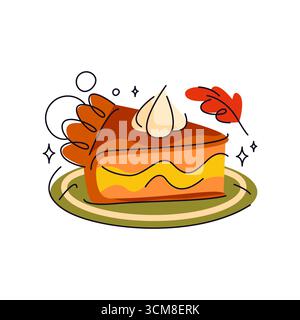 Kürbiskuchenscheibe mit Sahne. Vector Dessert Stück für Thanksgiving oder Halloween Feier. Süß oder süß für die Herbsternte, festliche oder herbstliche Feiertage. In Scheiben geschnittenes hausgemachtes Essen. Gebäck, Backwarenernährung. Stock Vektor
